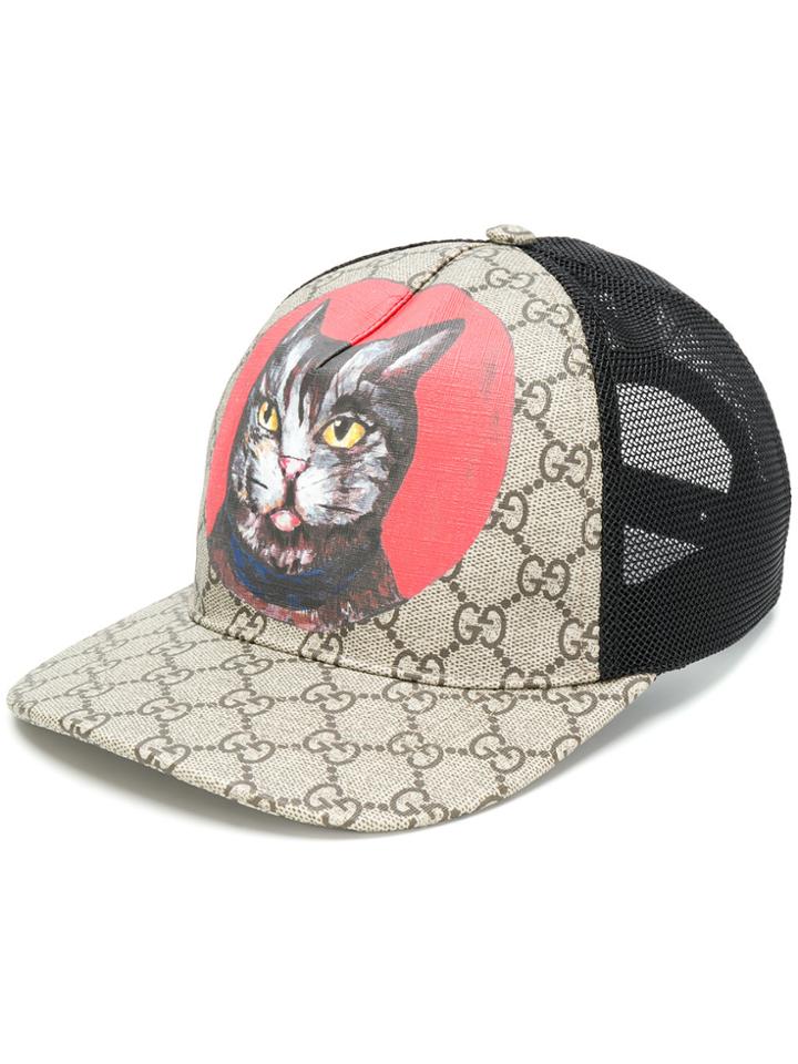 Gucci Cat Print Gg Supreme Cap - Brown