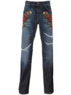 Dolce & Gabbana Floral Embroidery Jeans, Men's, Size: 50, Blue, Cotton