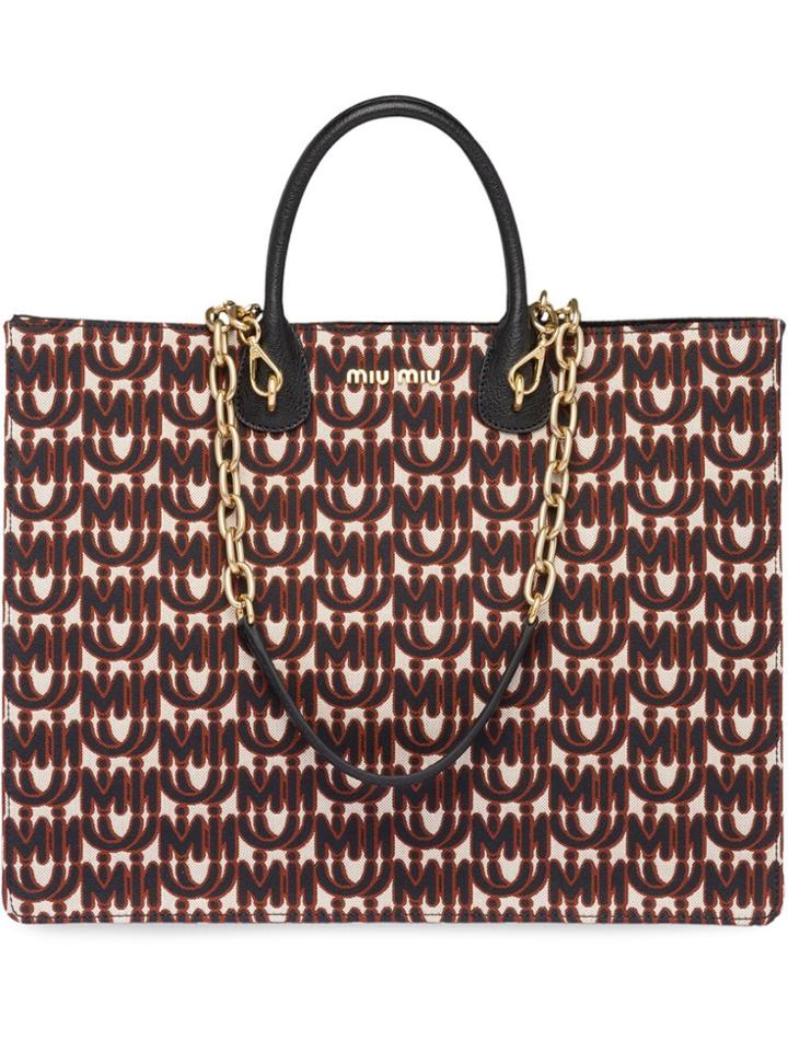 Miu Miu Jacquard And Leather Tote - Black