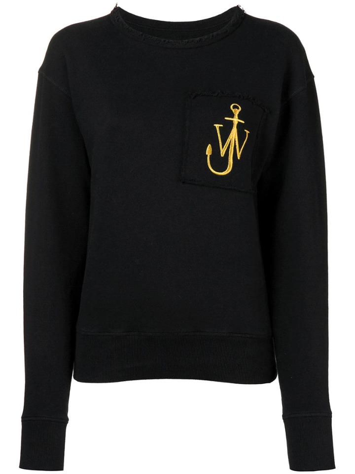 Jw Anderson Washed Black Raw-edge Logo Sweatshirt With Pocket Detail