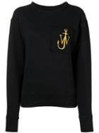 Jw Anderson Washed Black Raw-edge Logo Sweatshirt With Pocket Detail