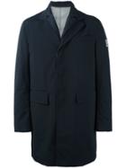 Moncler Gamme Bleu Logo Patch Single-breasted Coat, Men's, Size: 4, Blue, Polyamide/spandex/elastane/cupro/feather Down