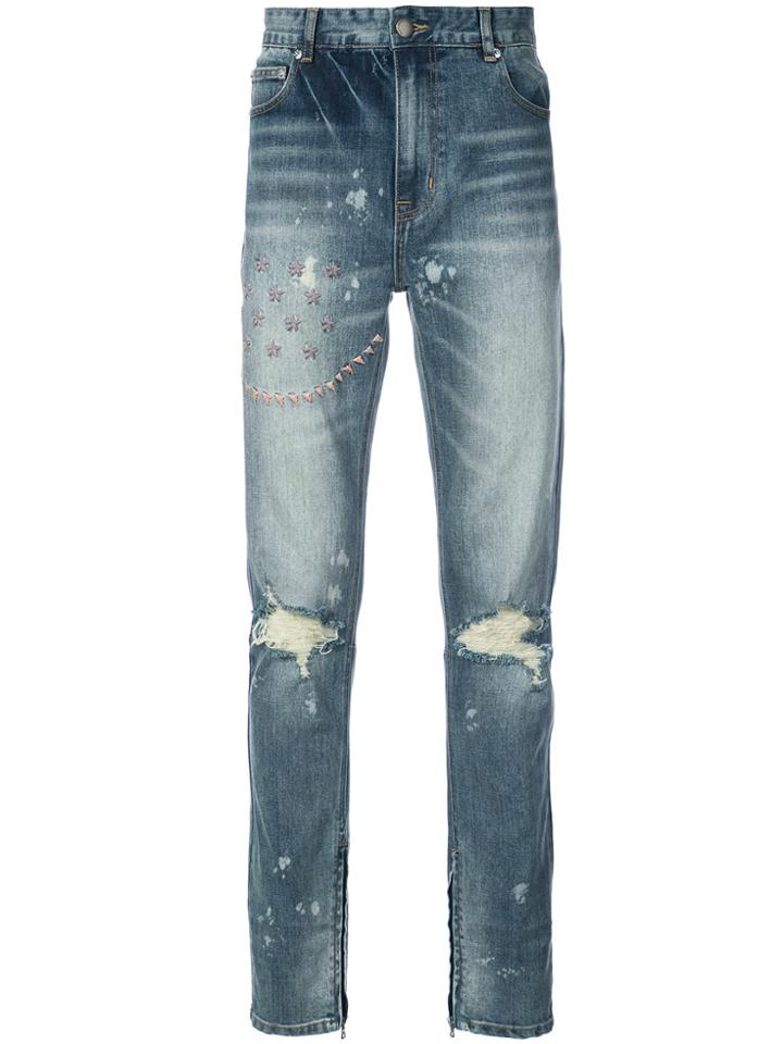 God's Masterful Children Ripped Embroidered Slim-fit Jeans - Blue