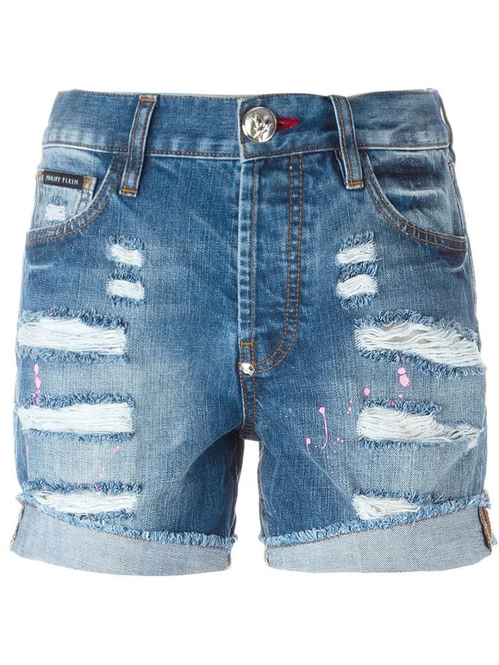 Philipp Plein Ripped Denim Shorts, Women's, Size: 27, Blue, Cotton