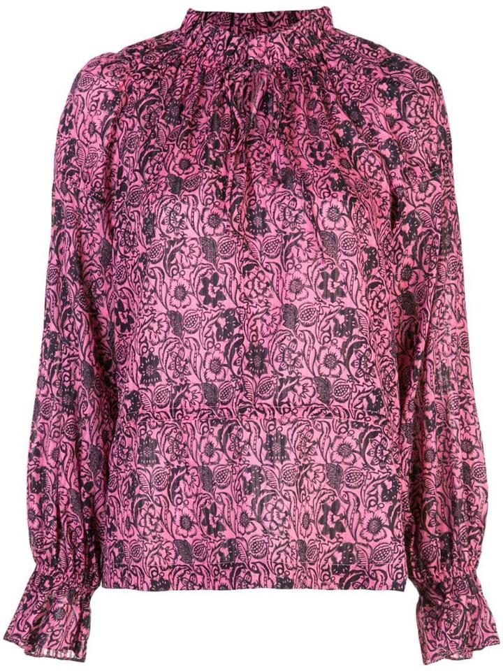 Derek Lam 10 Crosby Long Sleeve Ethnic Floral Print Ruffle Neck Blouse