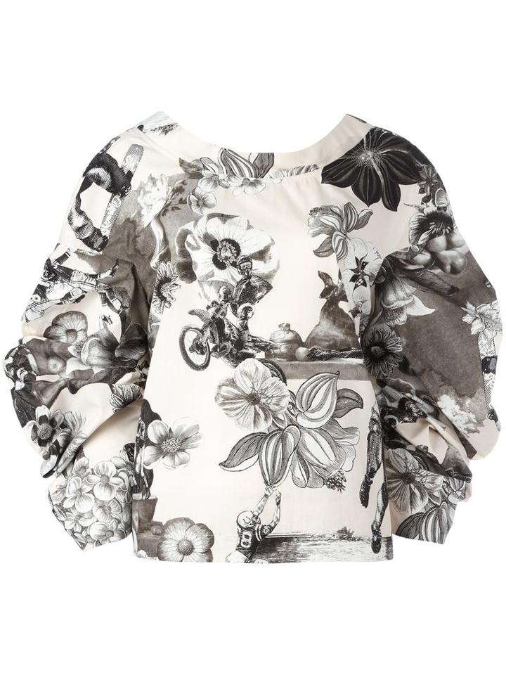 Msgm Floral Print V-back Blouse, Women's, Size: 40, Nude/neutrals, Cotton