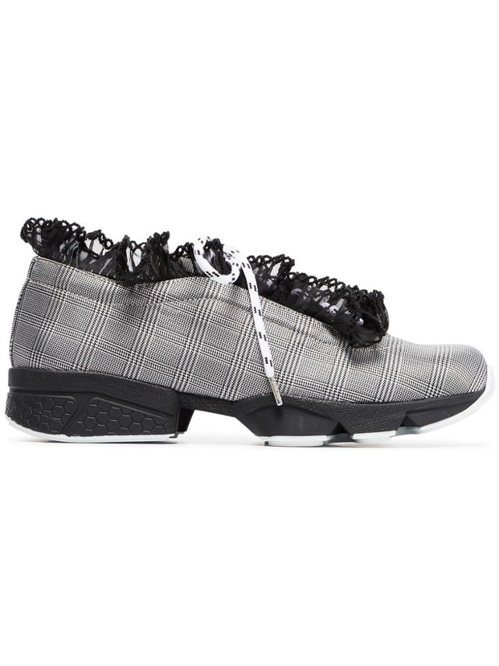 Ganni Black And White Harriet Ruffle And Check Sneakers - Grey