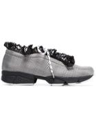 Ganni Black And White Harriet Ruffle And Check Sneakers - Grey