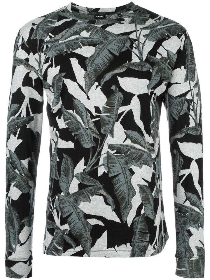 Diesel Leaf Print Sweatshirt, Men's, Size: Large, Black, Cotton