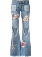 One Teaspoon Distressed Orchid Print Flared Jeans - Blue