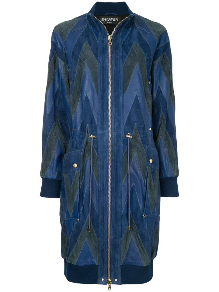 Balmain Chevron Pattern Bomber Coat - Blue