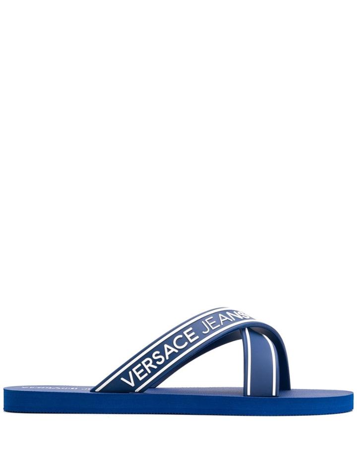 Versace Jeans Logo Crisscross Strap Sliders - Blue