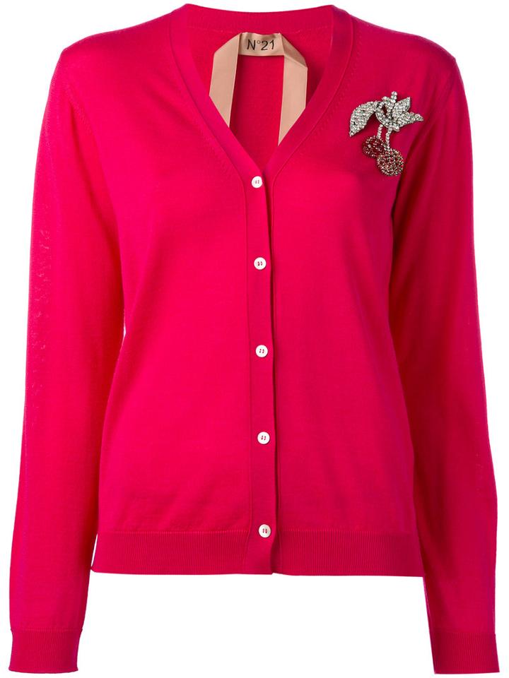 No21 - Cherry Brooch Cardigan - Women - Silk/wool - 42, Pink/purple, Silk/wool