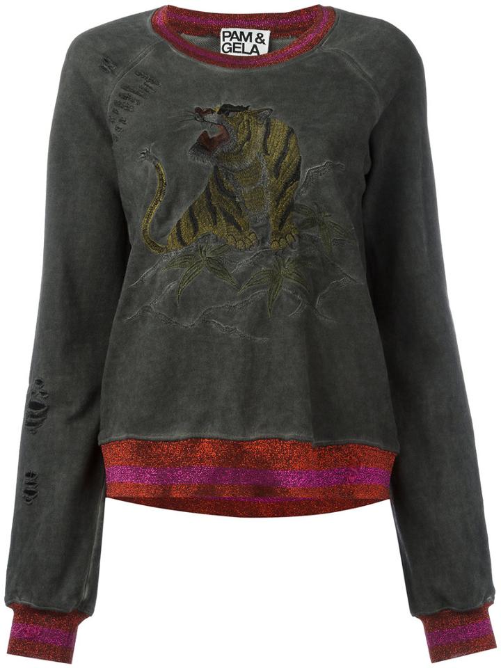 Pam & Gela - Embroidered Tiger Sweatshirt - Women - Cotton/metallic Fibre - M, Women's, Green, Cotton/metallic Fibre