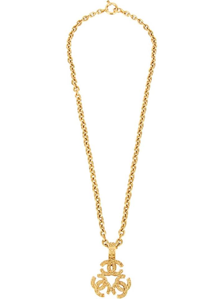 Chanel Vintage Cc Logo Triple Charm Pendant Necklace, Women's, Metallic