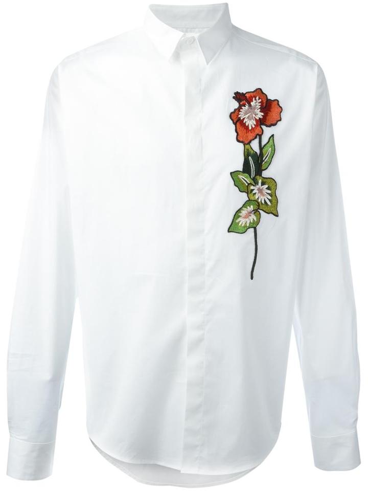 Christian Pellizzari Embroidered Flower Shirt, Men's, Size: 50, White, Cotton