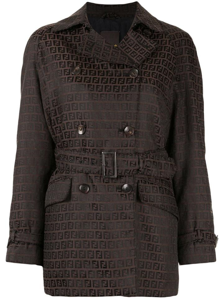 Fendi Pre-owned Zucca Pattern Double-breasted Belted Coat - Brown