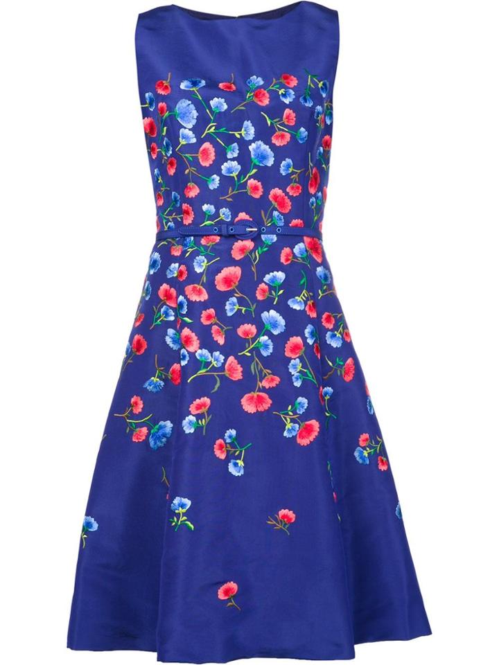 Oscar De La Renta Floral Embroidery Flared Dress - Blue