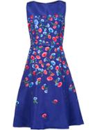 Oscar De La Renta Floral Embroidery Flared Dress - Blue