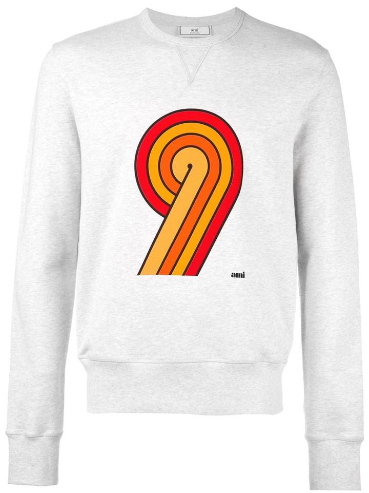 Ami Alexandre Mattiussi 9 Print Crew Neck Sweatshirt, Men's, Size: Xl, Grey, Cotton