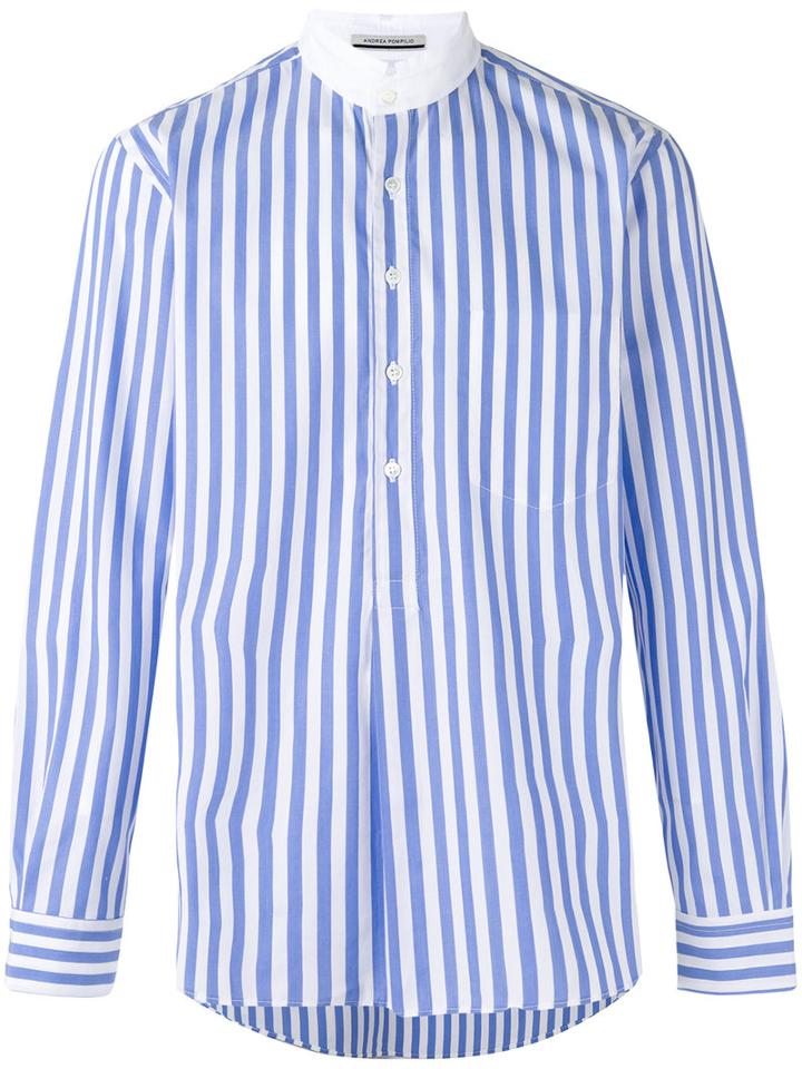 Andrea Pompilio - High Neck Striped Shirt - Men - Cotton - 46, Blue, Cotton