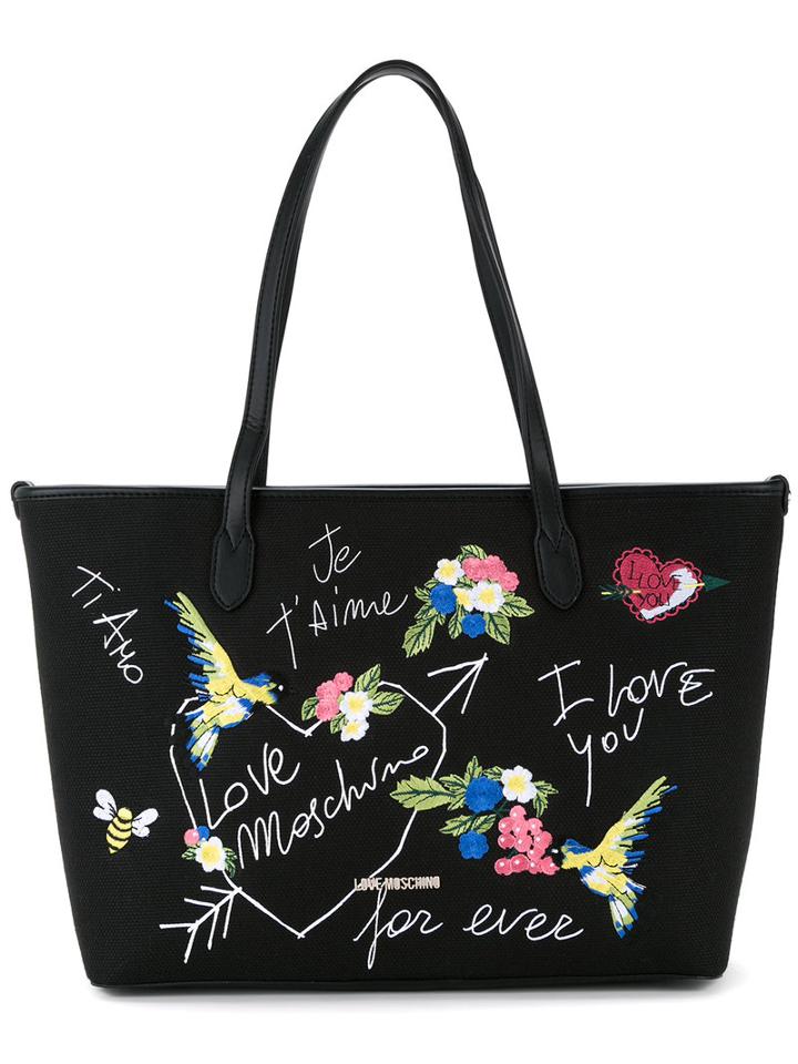 Love Moschino - Bird Embroidered Shoulder Bag - Women - Cotton/linen/flax/polyurethane - One Size, Black, Cotton/linen/flax/polyurethane
