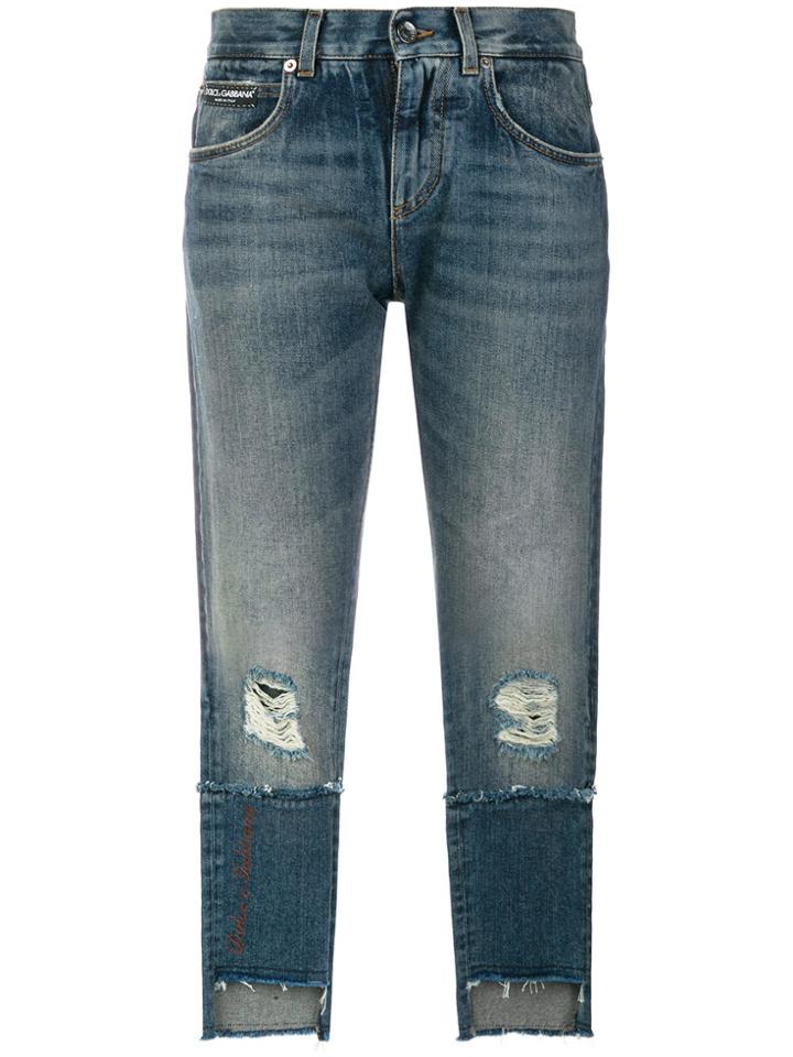 Dolce & Gabbana Cropped Distressed Double Denim Jeans - Blue