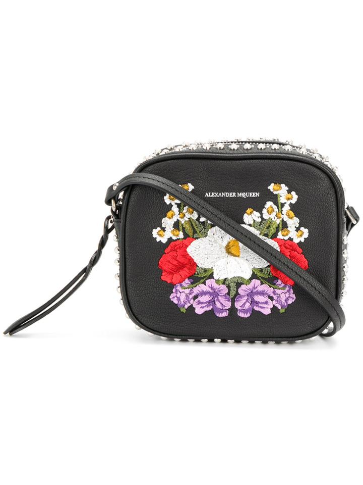 Alexander Mcqueen Floral Embroidered Cropssbody Bag - Black