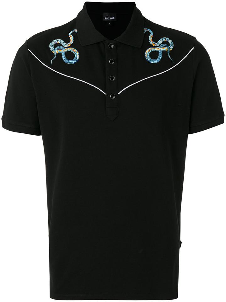 Just Cavalli Snake Embroidered Polo Top, Men's, Size: Xl, Black, Cotton/spandex/elastane