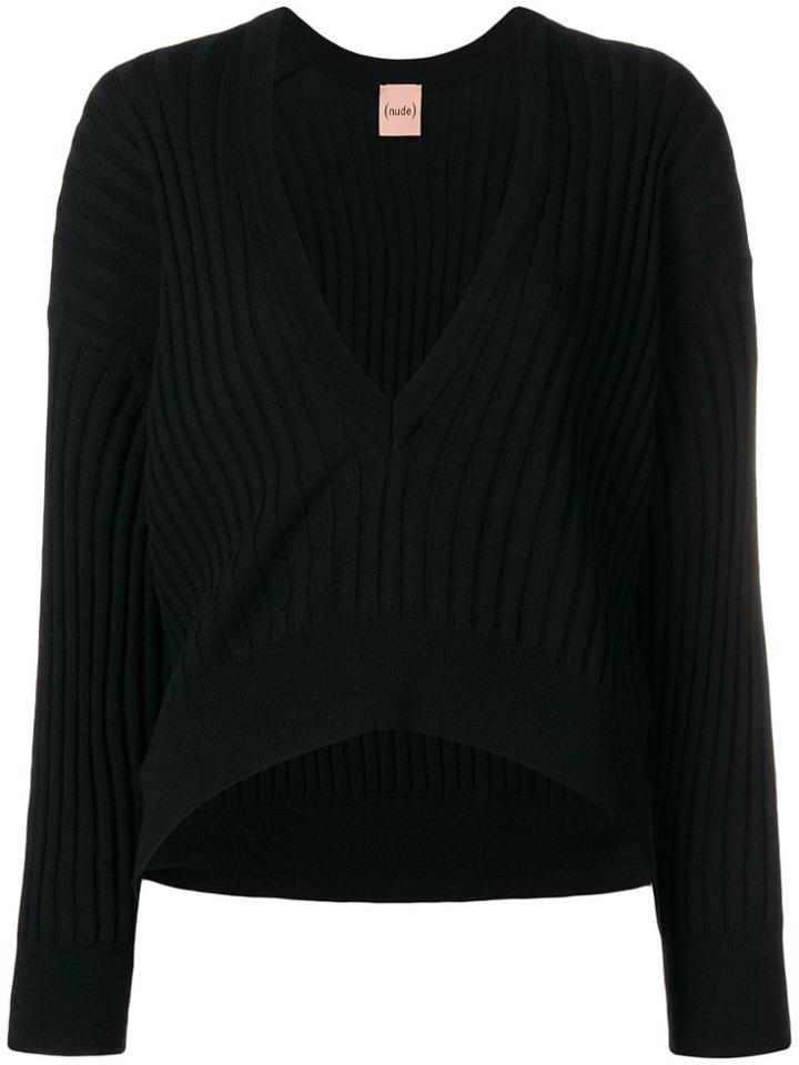 Nude V-neck Ribbed Knit Sweater - Black