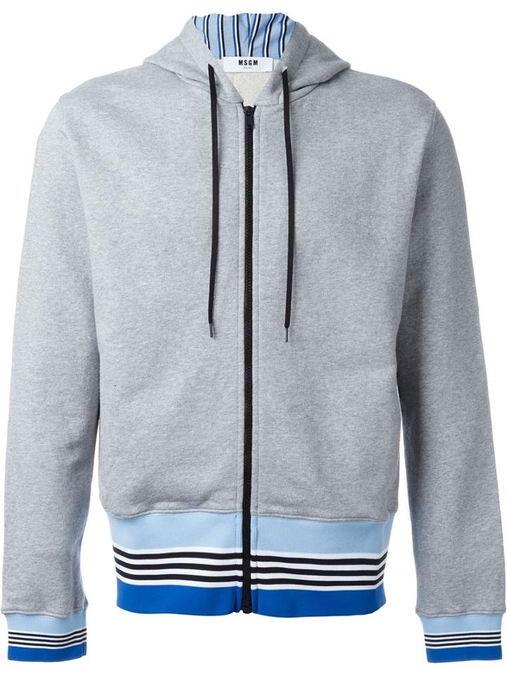 Msgm Zipped Hooded Sweatshirt, Men's, Size: Xl, Grey, Cotton
