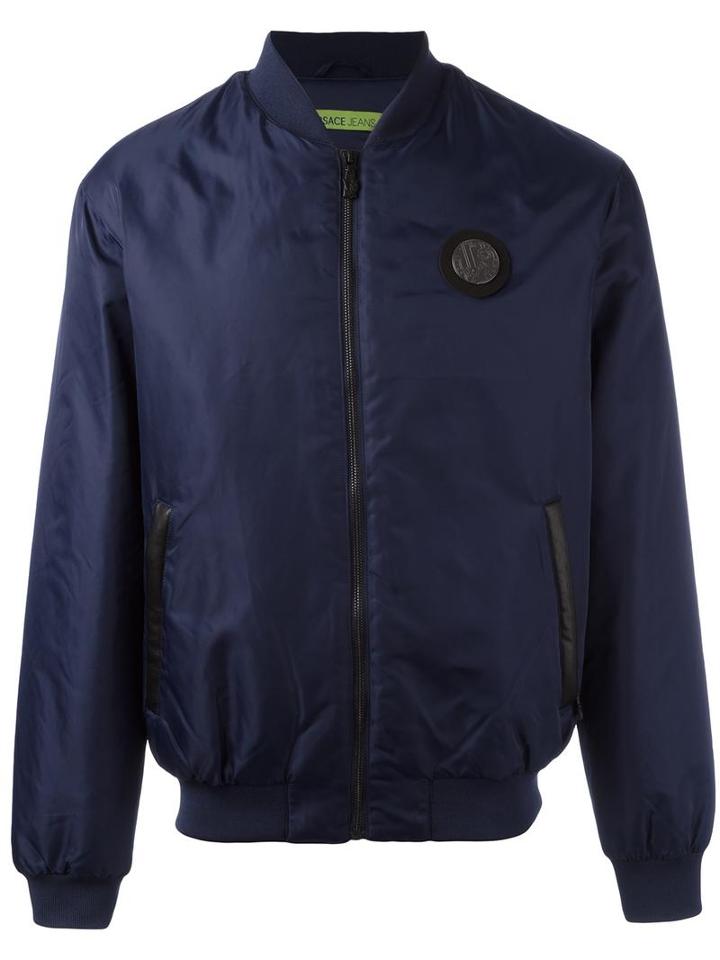 Versace Jeans Logo Patch Bomber Jacket, Men's, Size: 50, Blue, Polyamide/polyester