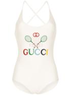 Gucci Embroidered Tennis Logo Swimsuit - White