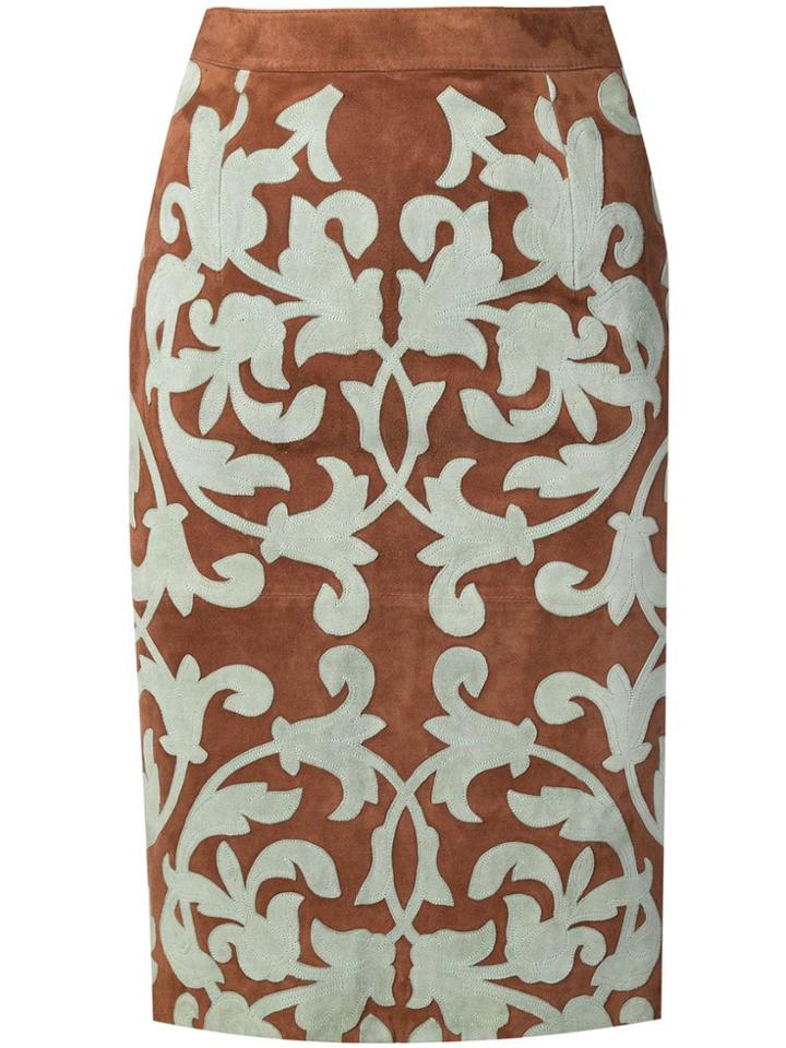 Valentino Vintage Appliqué Pattern Pencil Skirt - Brown