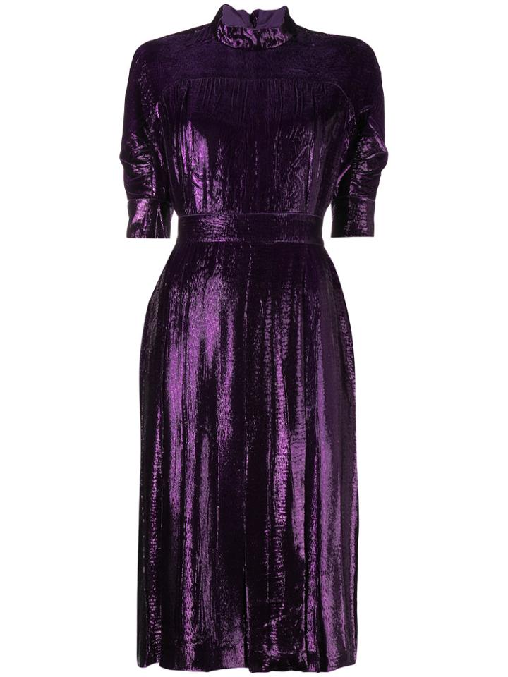 Prada Lurex Velvet High Neck Midi Dress - Pink & Purple