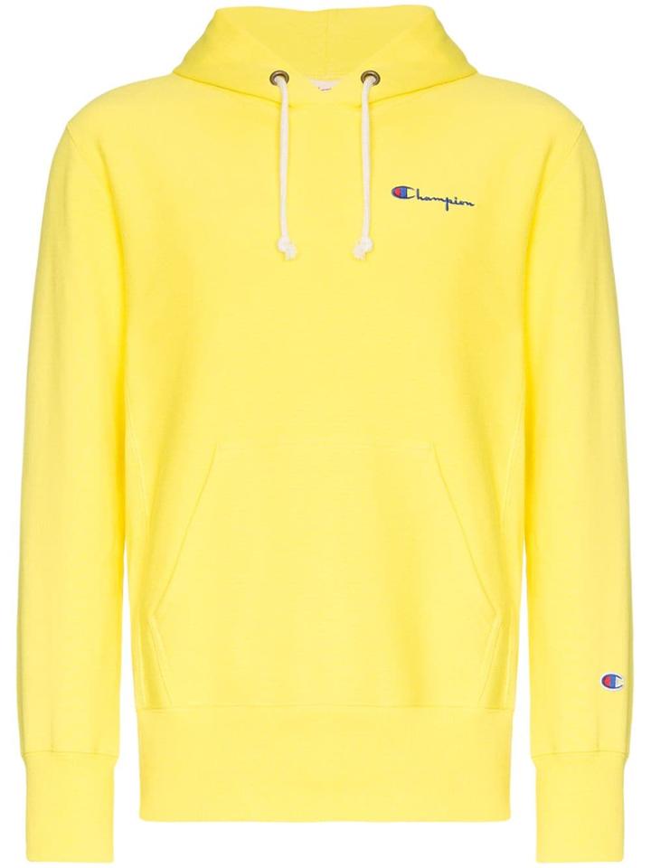 Champion Logo Embroidered Hooded Cotton Jumper - Yellow