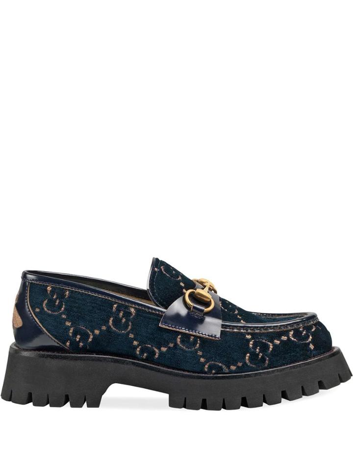 Gucci Gg Velvet Lug Sole Loafers - Blue