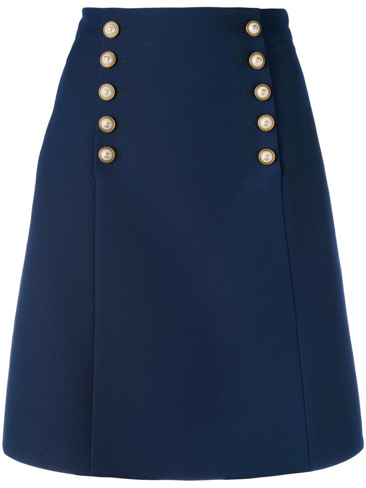 Gucci - Logo Button A-line Skirt - Women - Silk/acetate/wool - 42, Blue, Silk/acetate/wool