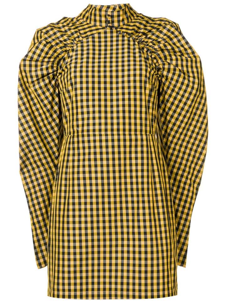 Rotate Checked Puff-sleeve Dress - Yellow