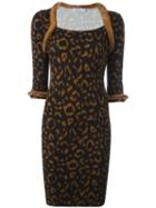 Blumarine Fur-trim Animal Print Dress, Women's, Size: 44, Black, Mink Fur/spandex/elastane/viscose