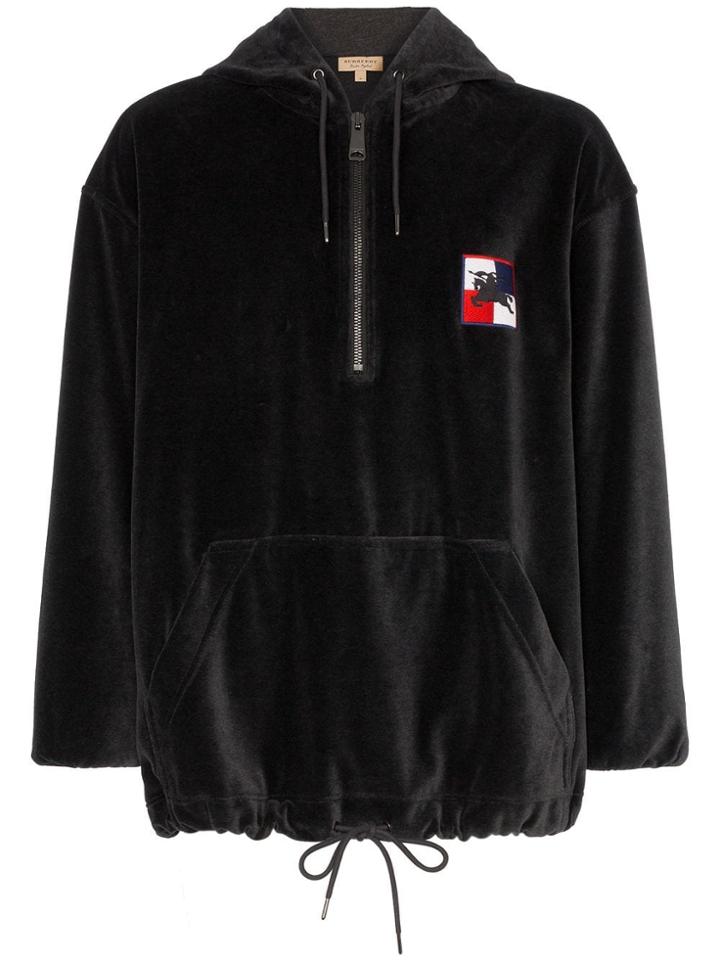Burberry Logo Patch Velour Hooded Sweatshirt - Grey