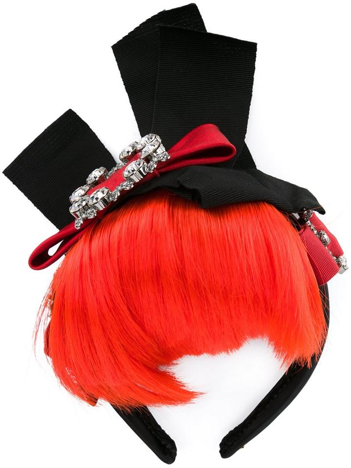 Dolce & Gabbana Hair Fringe Bow Hairband, Women's, Black, Acrylic/cotton/nylon/glass