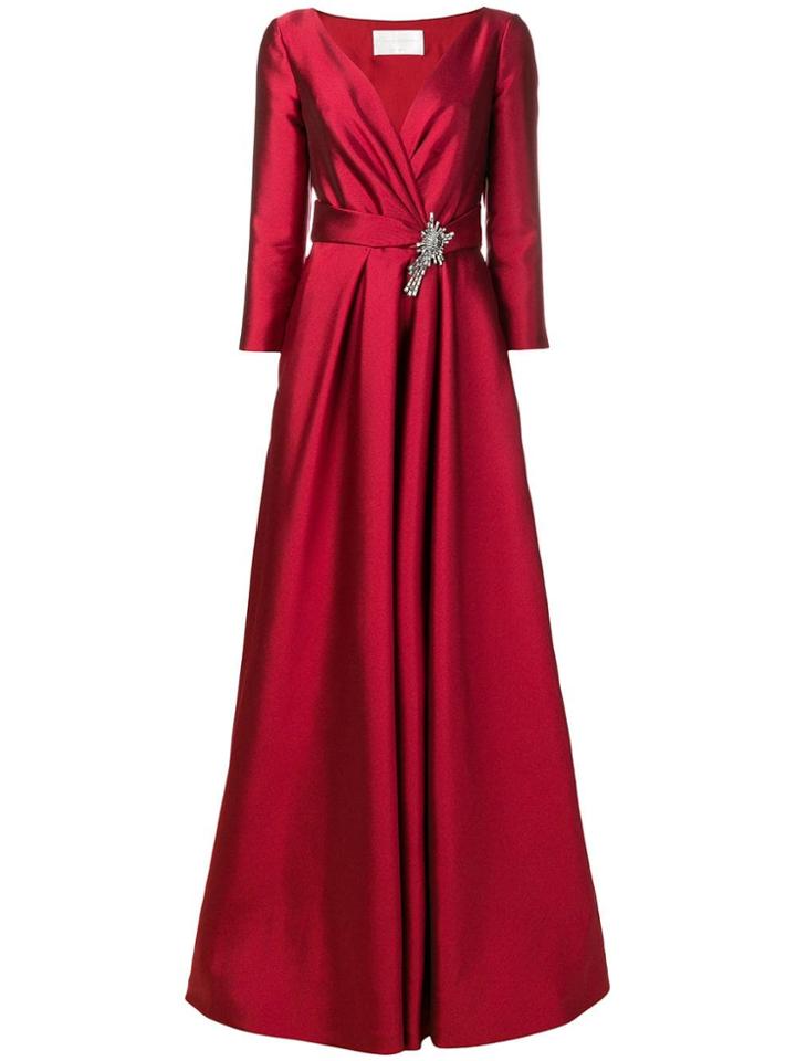 Alberta Ferretti V-neck Brooch Gown - Red