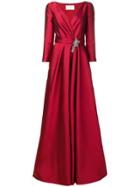 Alberta Ferretti V-neck Brooch Gown - Red
