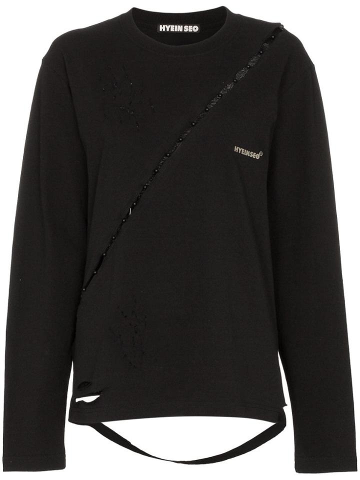 Hyein Seo Diagonal Cut Out Slashed Cotton T-shirt - Black