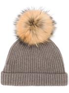 N.peal Detachable Pom Ribbed Hat, Women's, Brown, Cashmere/racoon Fur