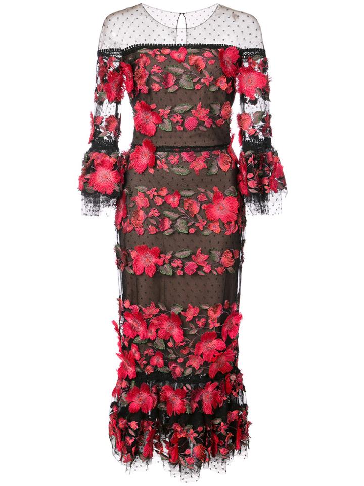 Marchesa Notte Floral-appliquéd Lace Dress - Black