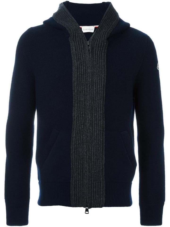 Moncler Ribbed Trim Hoodie, Men's, Size: Medium, Blue, Virgin Wool