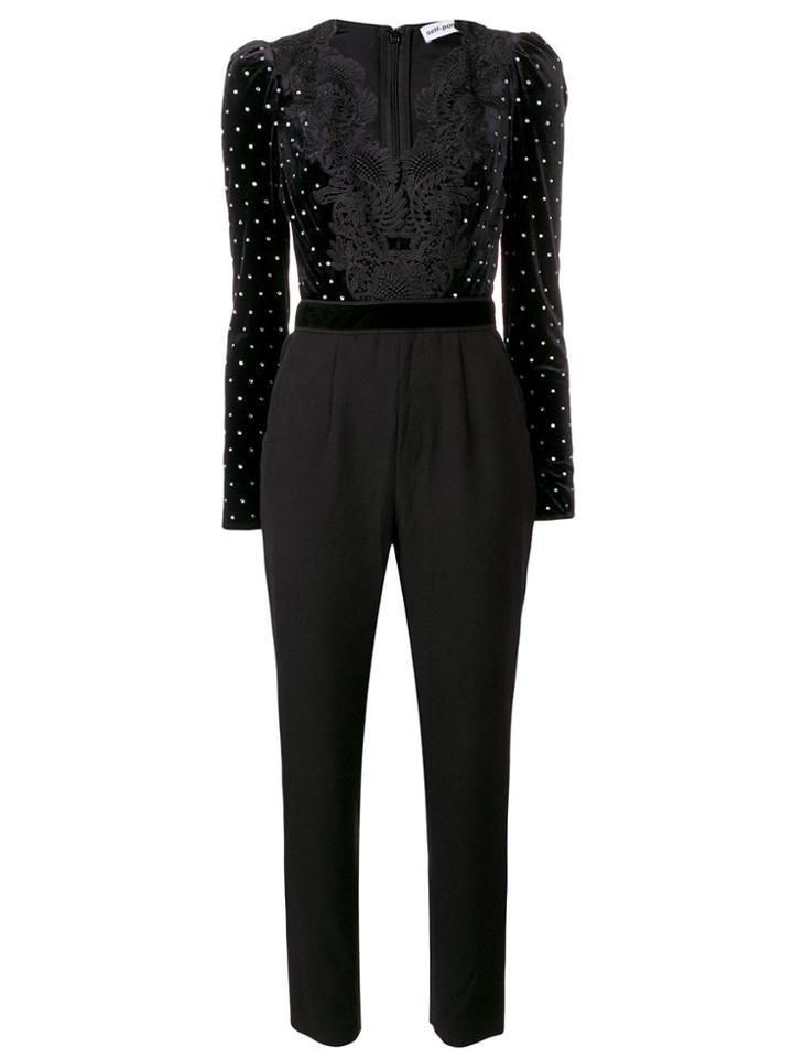 Self-portrait Velvet-panelled Jumpsuit - Black