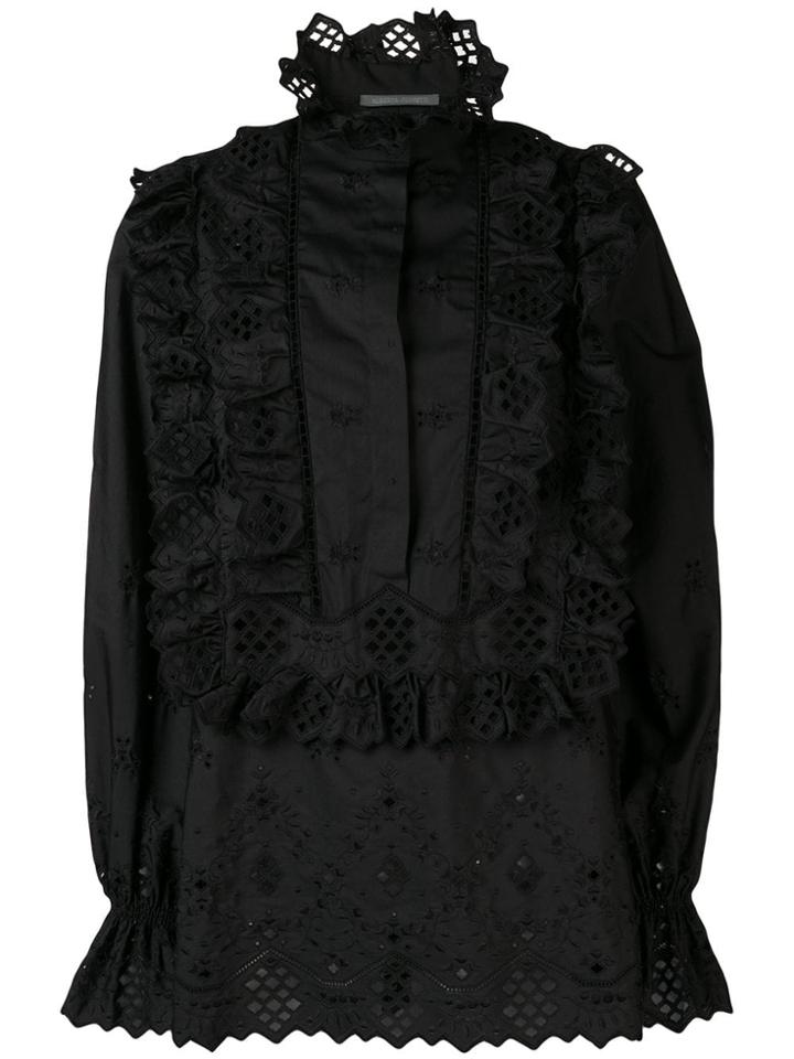 Alberta Ferretti Embroidered Ruffled Front Bib Blouse - Black